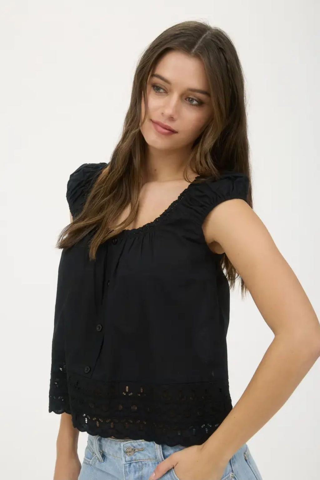 Eyelet Lace Trim Short Sleeve Button Down Blouse image 3