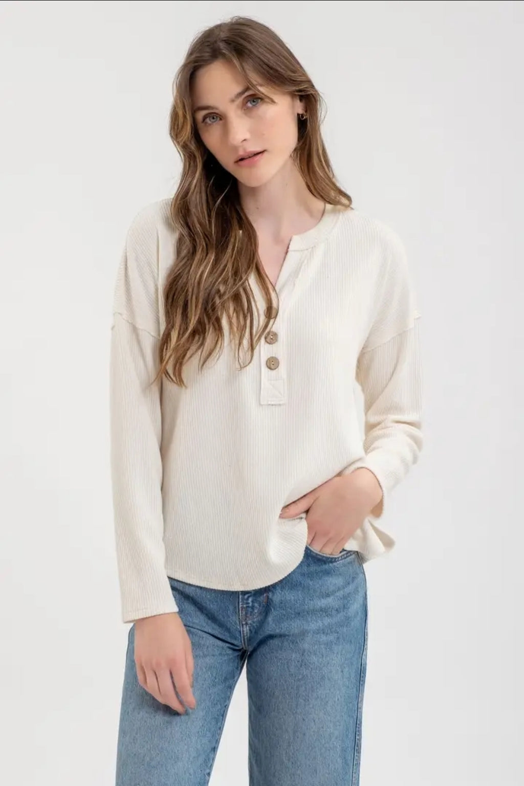 Half Button V Neck Long Sleeve Knit Top image 3