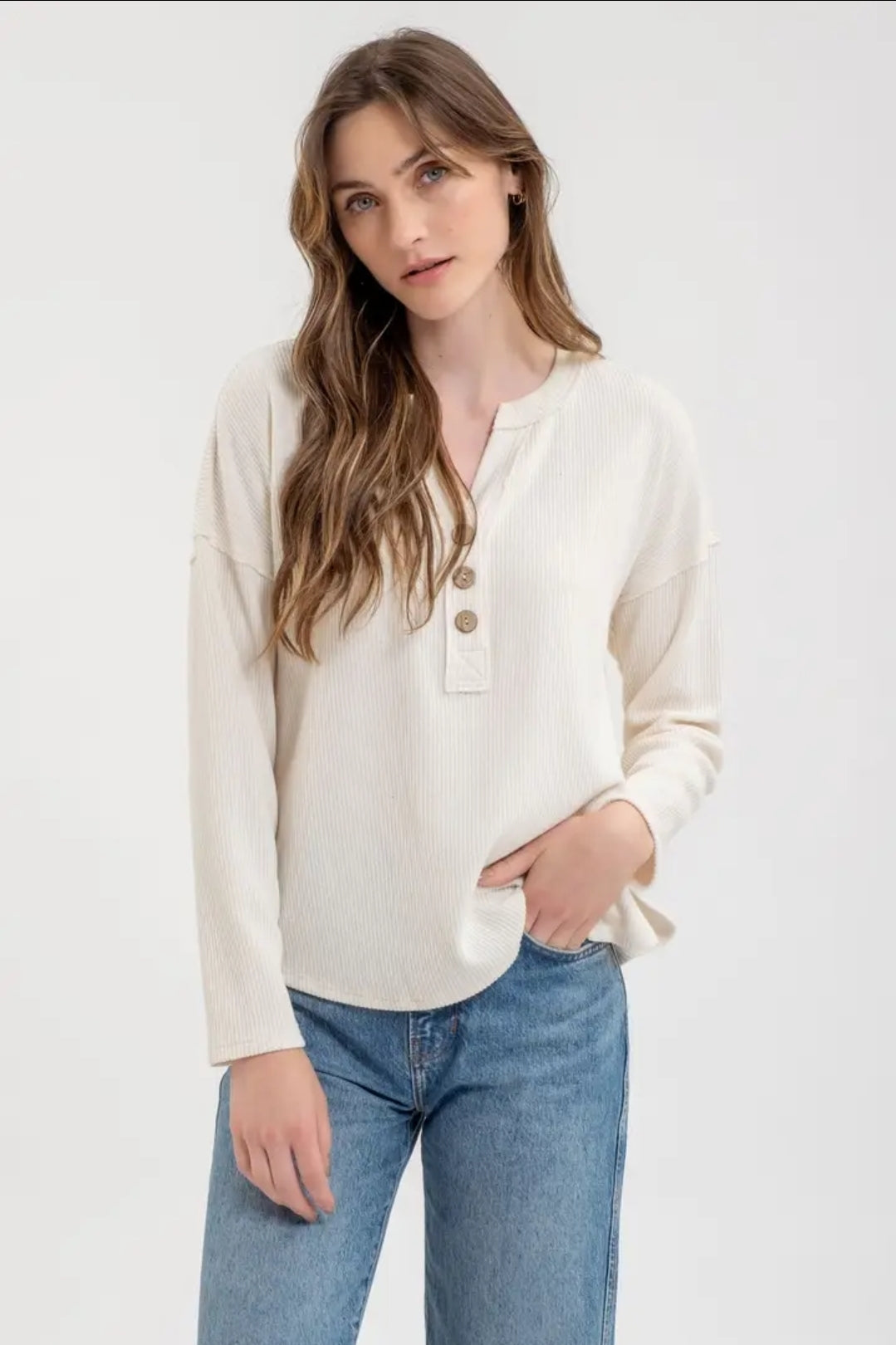 Half Button V Neck Long Sleeve Knit Top image 3