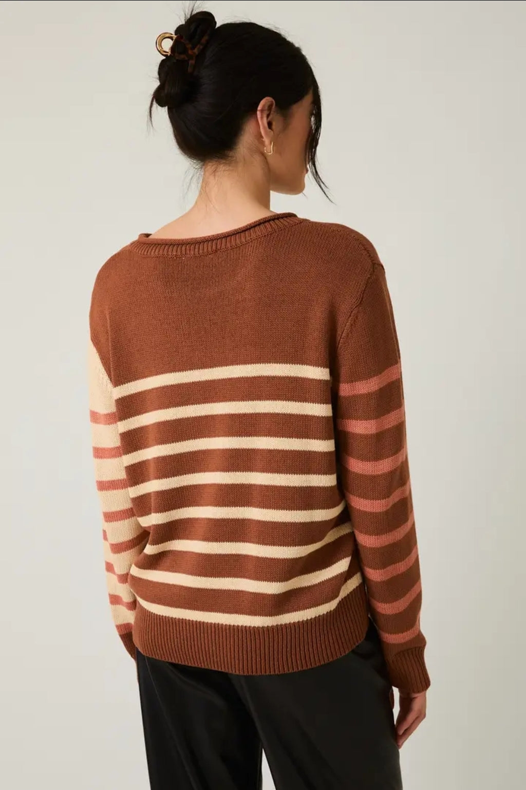 Round Neck Long Sleeve Stripe Light Weight Sweater image 7