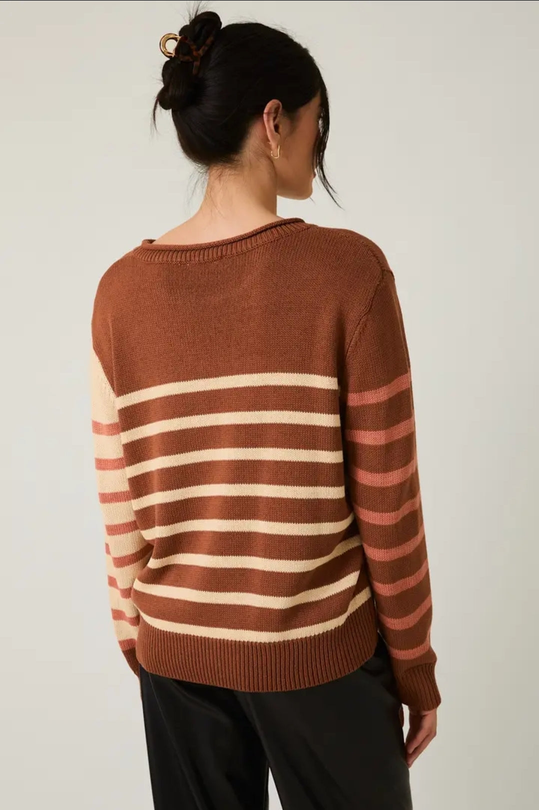 Round Neck Long Sleeve Stripe Light Weight Sweater image 7