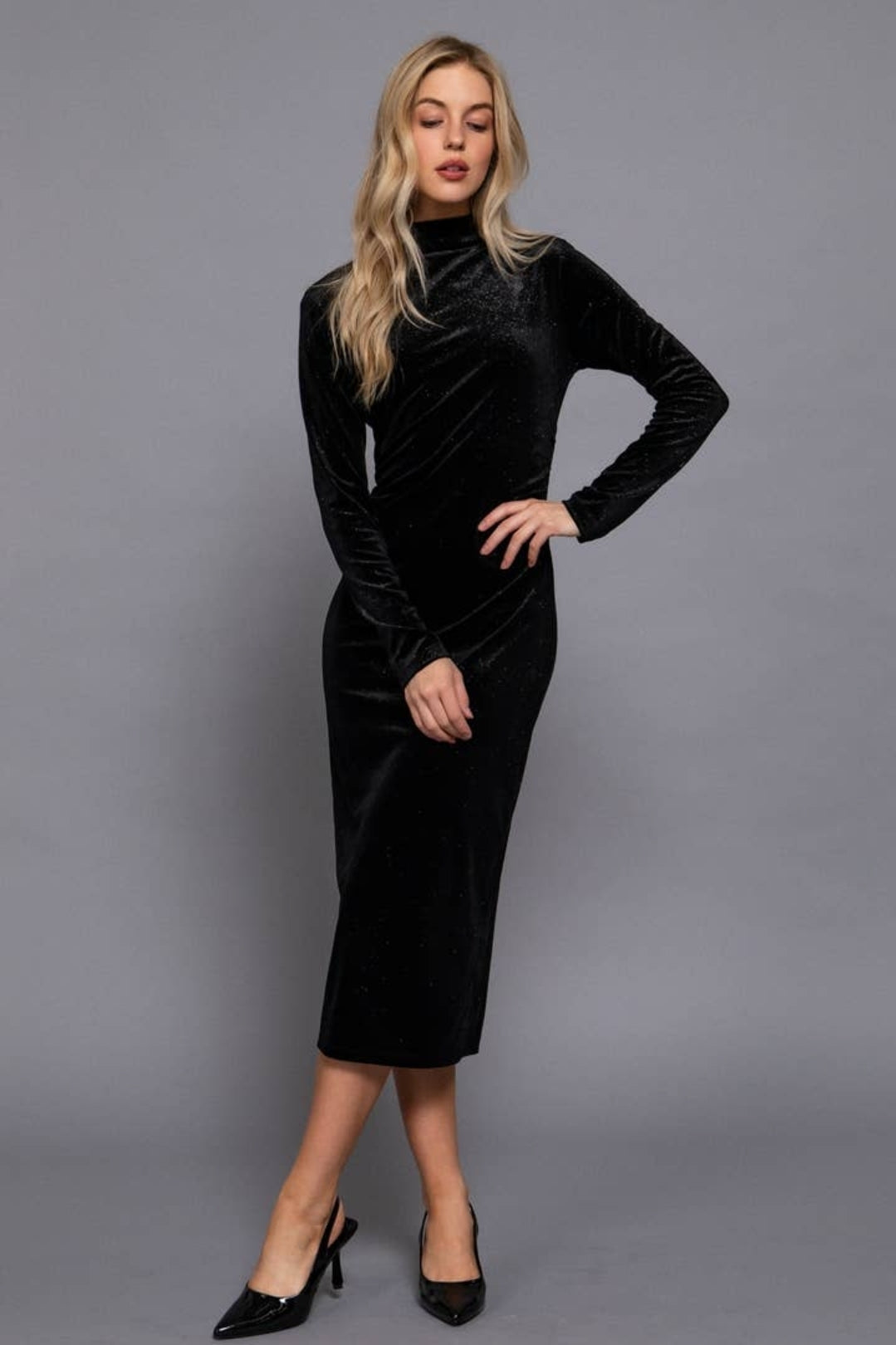 Long Sleeve High Neck Shirring Glitter Velvet Long Dress image 0
