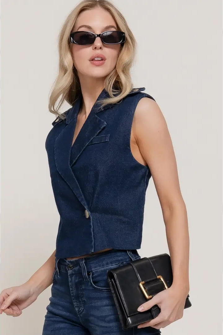 Lapel Collar Double Breasted Button Stretch Denim Vest image 0