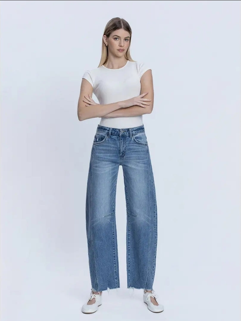 High Rise Raw Hem Seam Detail Barrel Jeans image 3