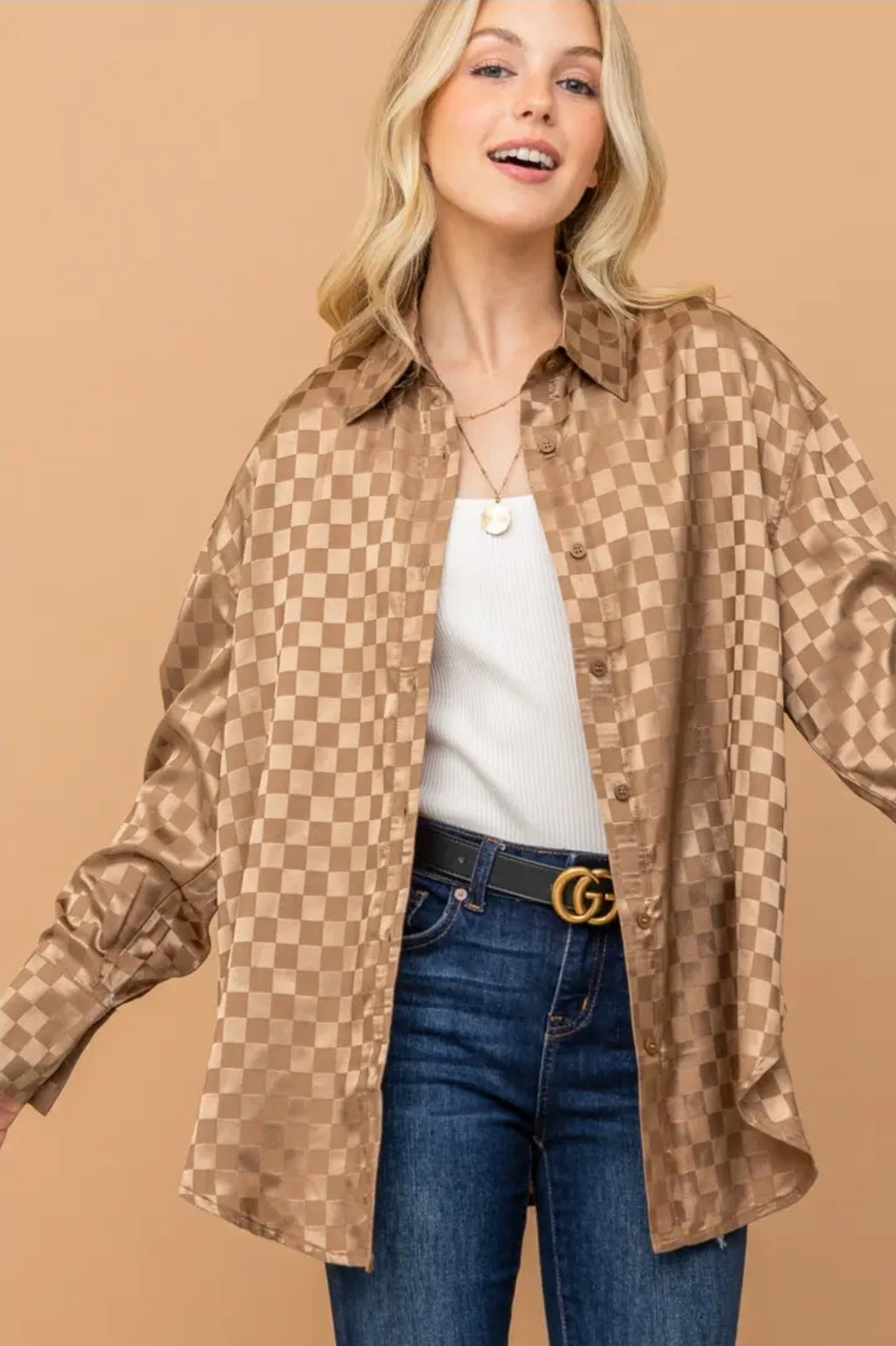 Checkerboard Satin Loose Fit Casual Shirts Top image 0