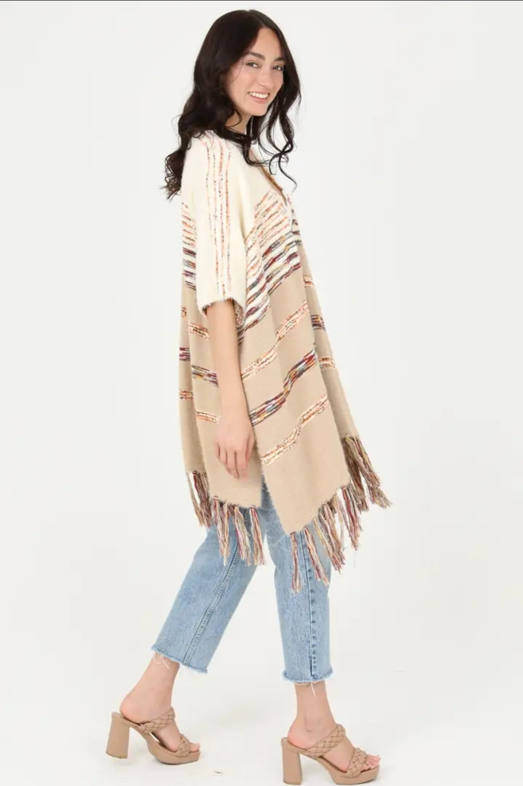 Super soft kimono sleeve sweater poncho with fringe image 2