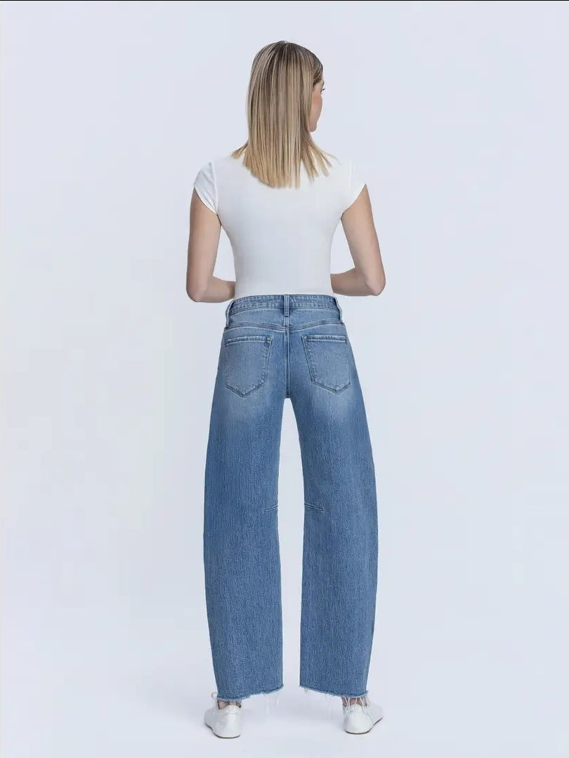 High Rise Raw Hem Seam Detail Barrel Jeans image 4