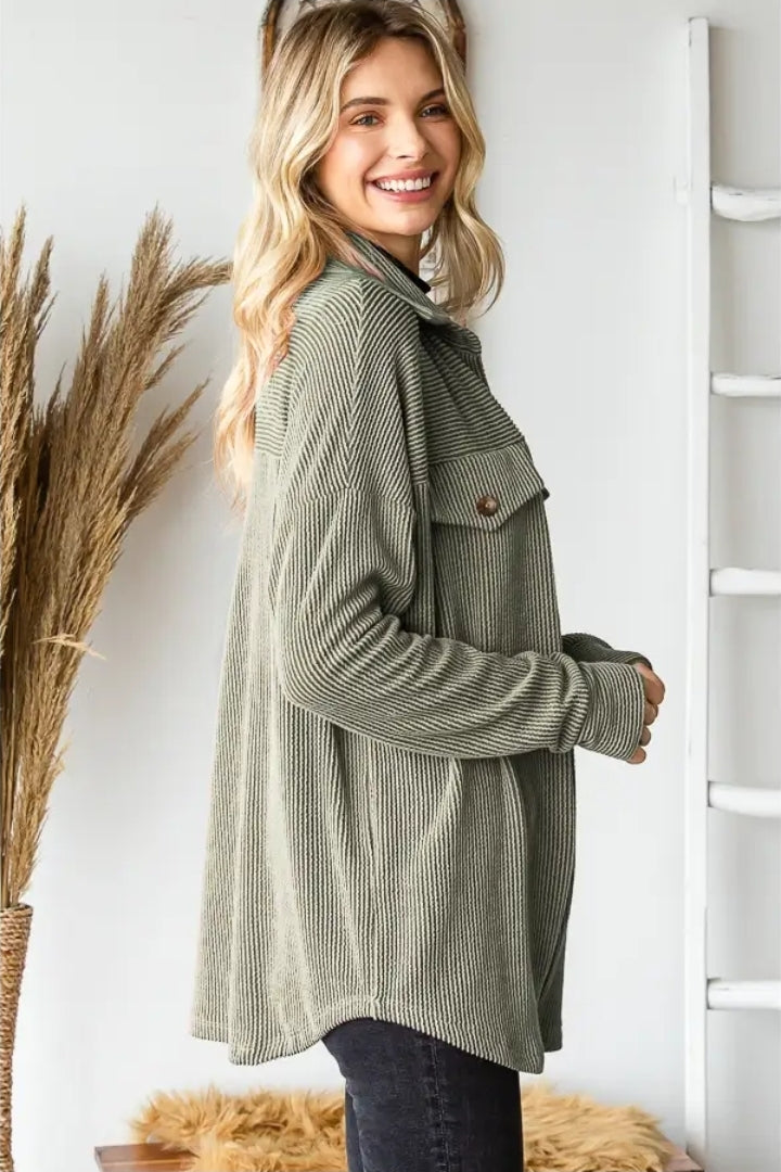 Rib Drop Shoulder Patch Pockets Button Down Shacket  image 2