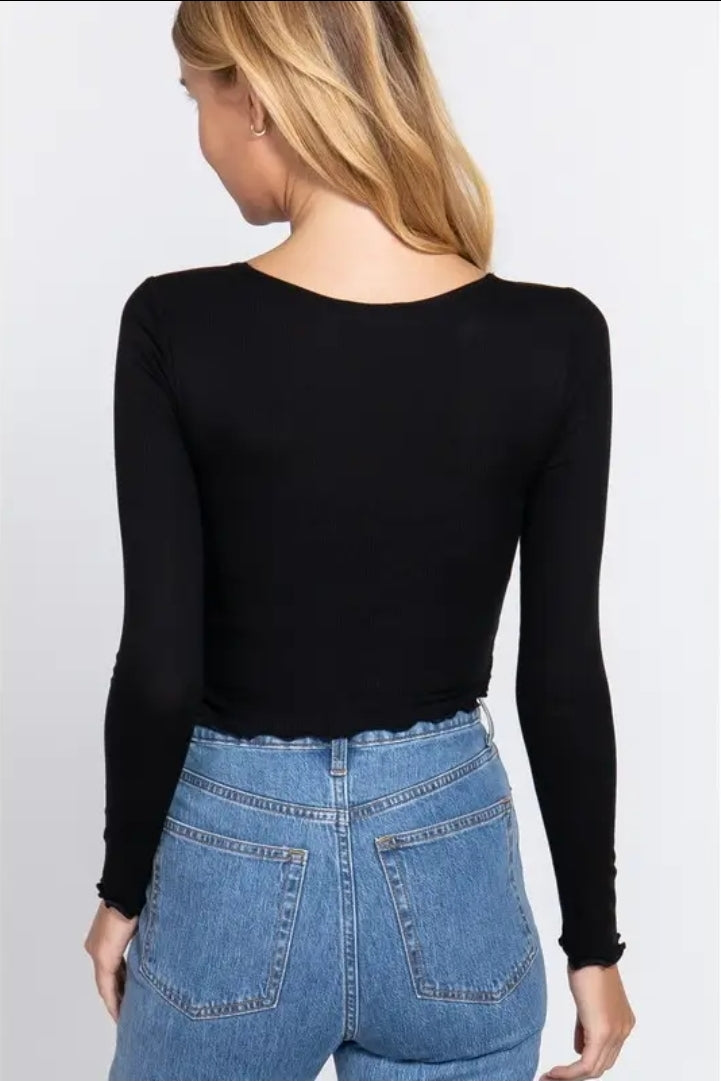 Long Sleeve V-Neck Front Twisted Knit Top image 1