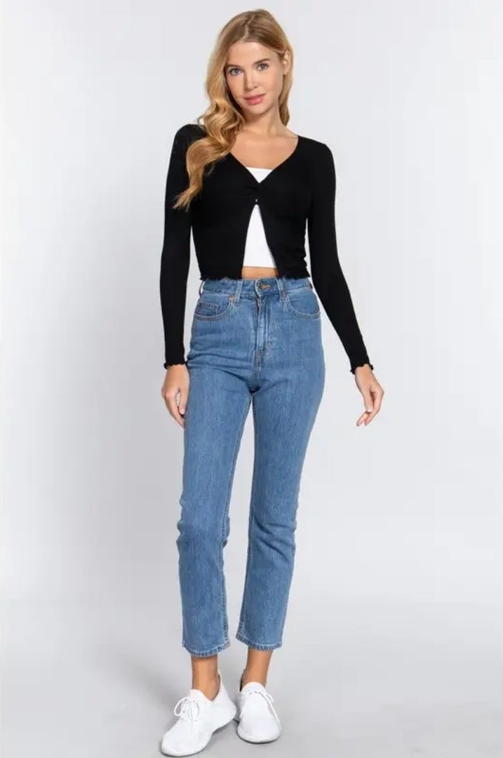 Long Sleeve V-Neck Front Twisted Knit Top image 2