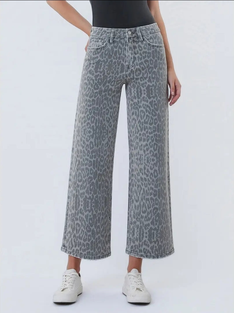 High Rise Grey Leopard Print Crop Wide Leg Jeans image 0