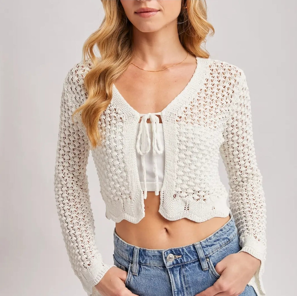 Open Knit Crochet Front-Tie Cropped Cardigan image 1