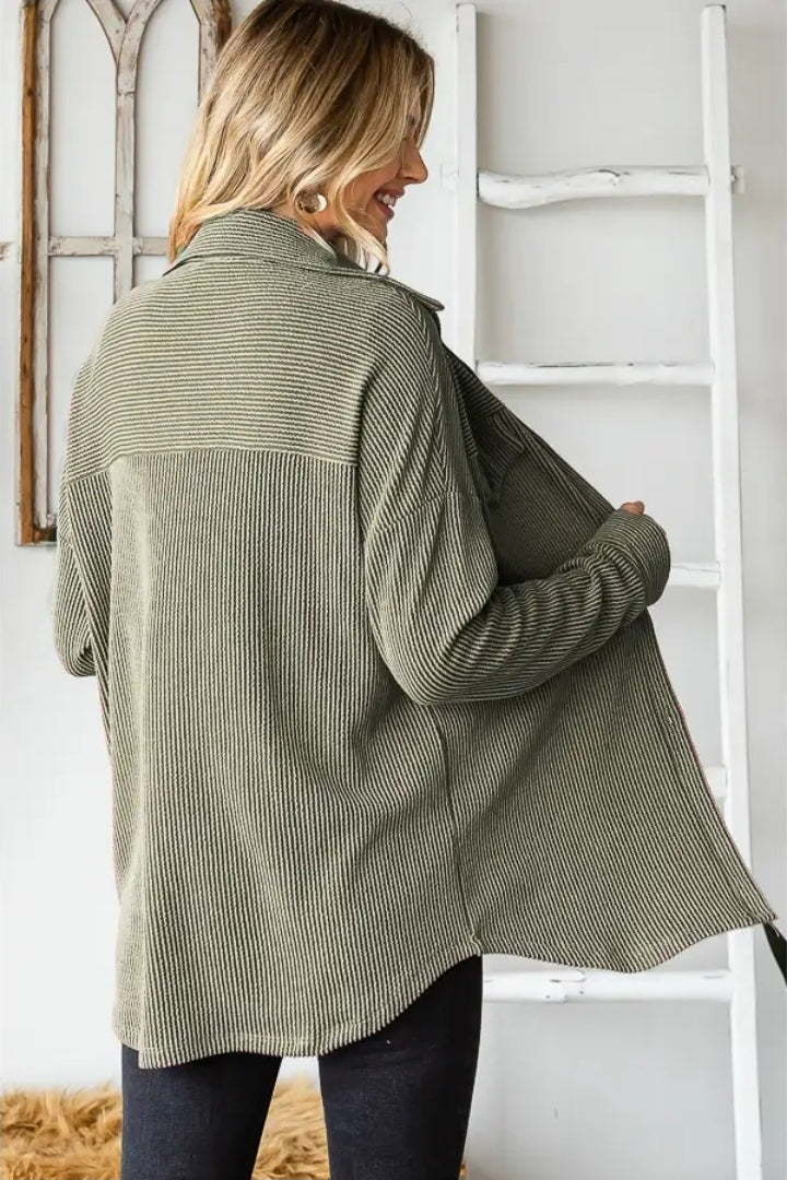 Rib Drop Shoulder Patch Pockets Button Down Shacket  image 3