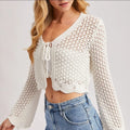 Open Knit Crochet Front-Tie Cropped Cardigan image 0