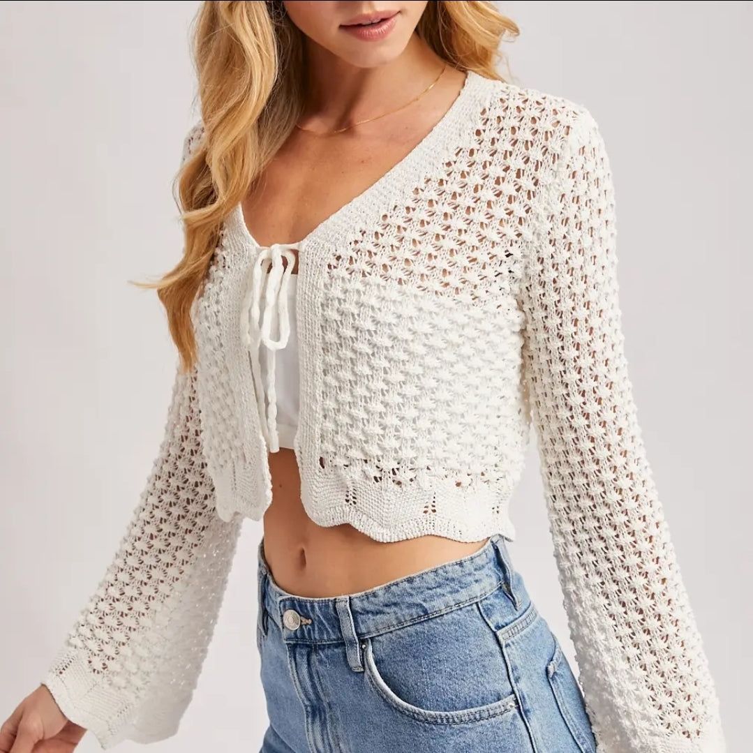 Open Knit Crochet Front-Tie Cropped Cardigan image 0