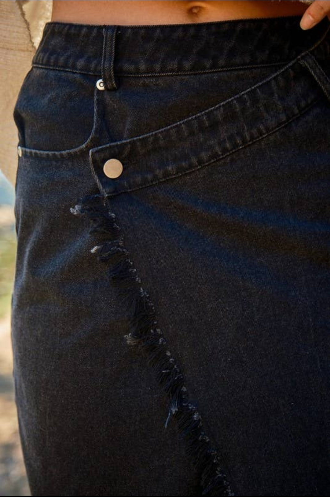 washed crossover waist midi denim skirt image 1