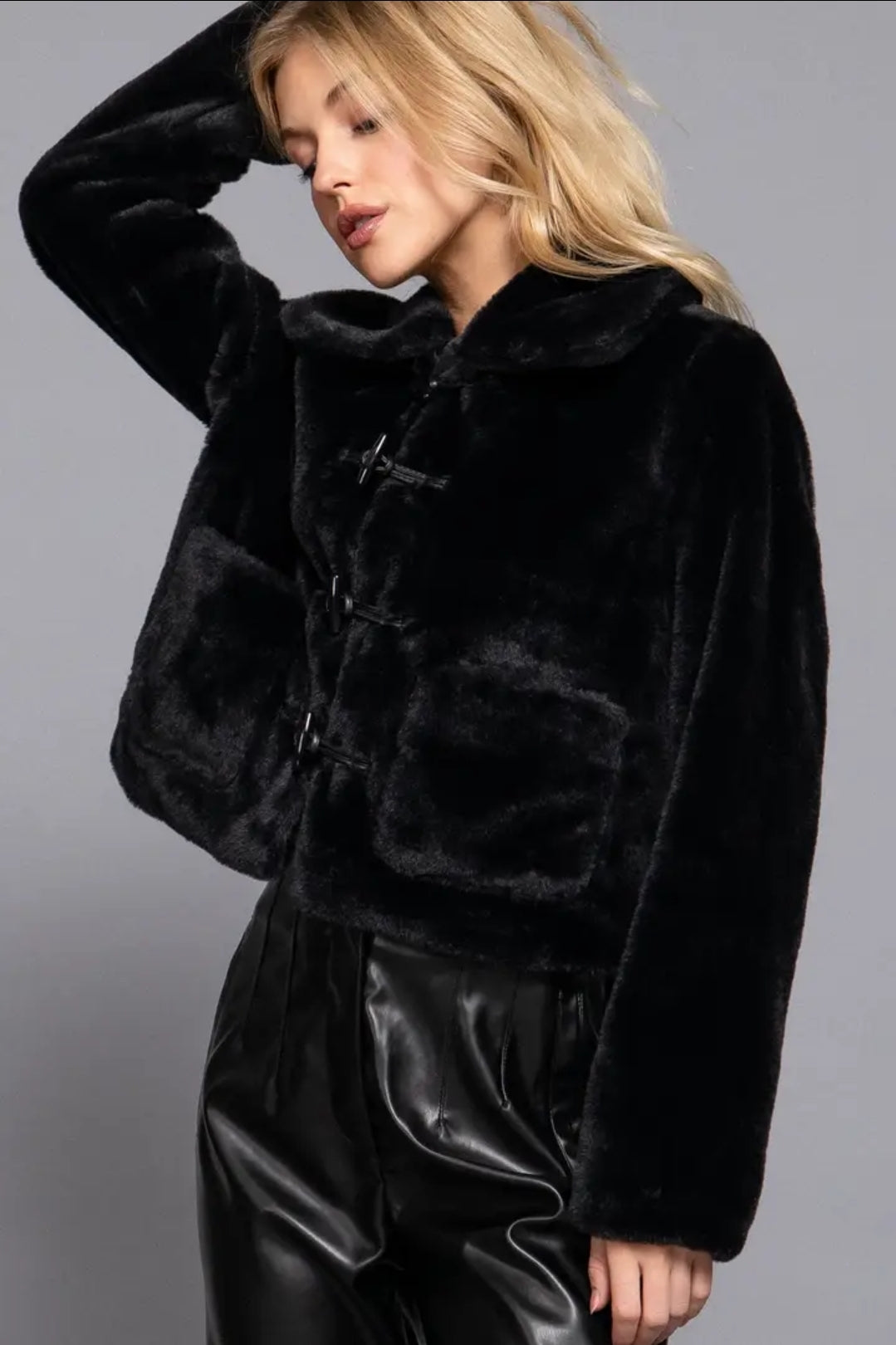 Long Sleeve Collar with Toggle Button Fur Duffle Jacket image 5