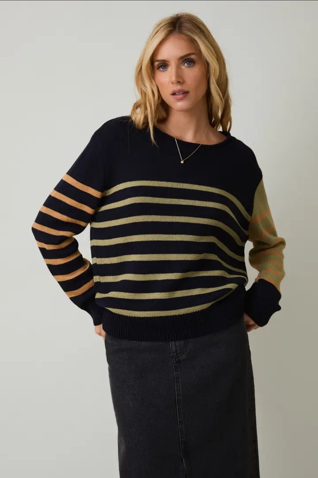 Round Neck Long Sleeve Stripe Light Weight Sweater image 0