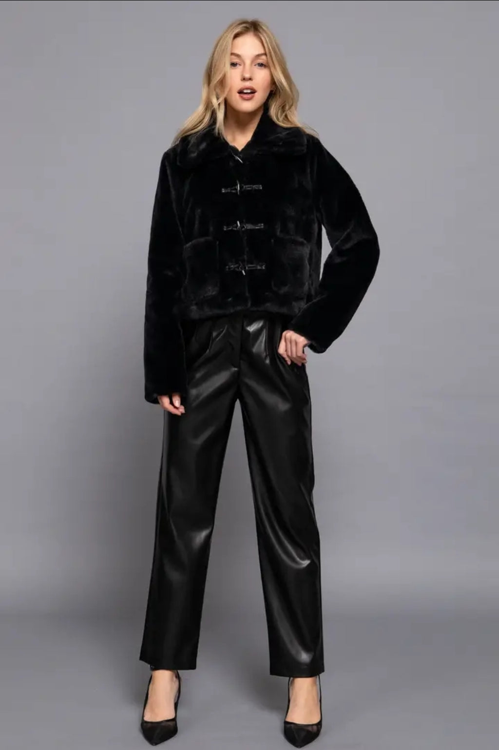 Long Sleeve Collar with Toggle Button Fur Duffle Jacket image 1