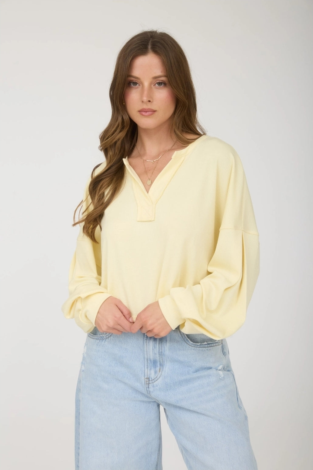 Split Neck Long Sleeve Cropped Knit Top image 2