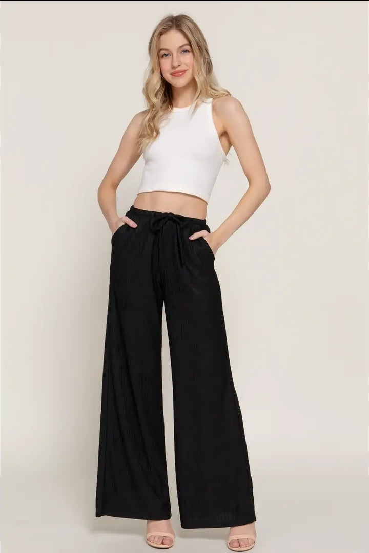 Waistband with String Crinkle Knit Long Pants