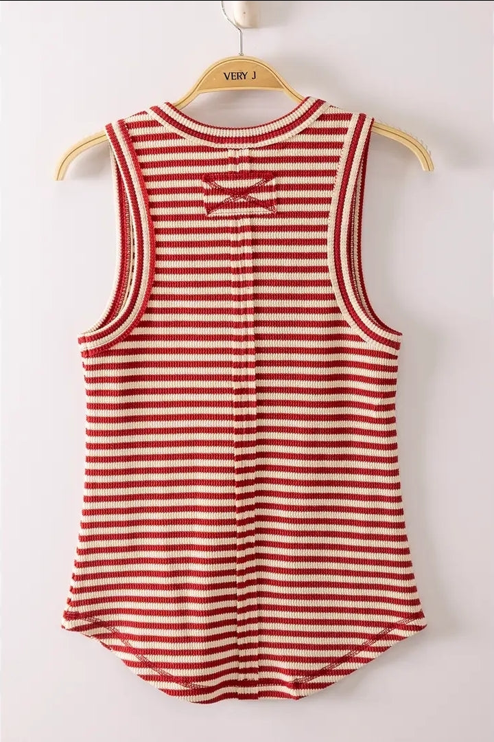 Striped & Solid Button Down Fitted Knit Tank Top