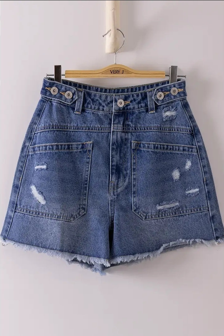 VERY Jean Mineral Washed Denim Frayed Hem Shorts