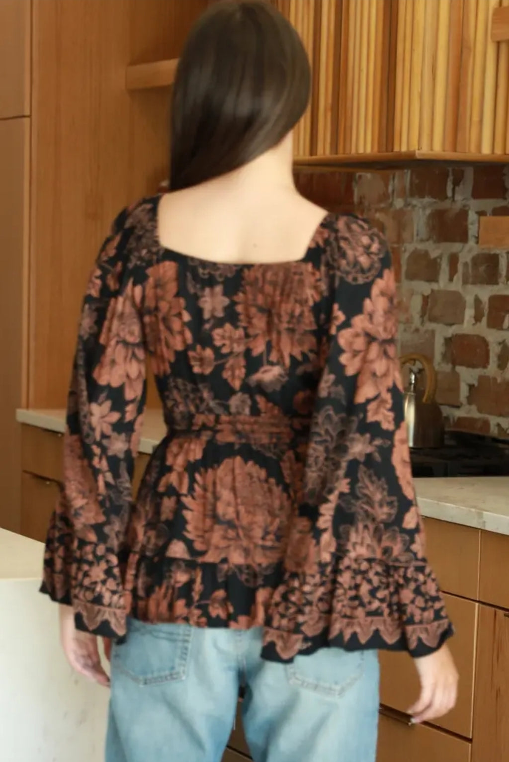 V Neck Flare Bell Sleeve Smocked Waist Blouse image 3