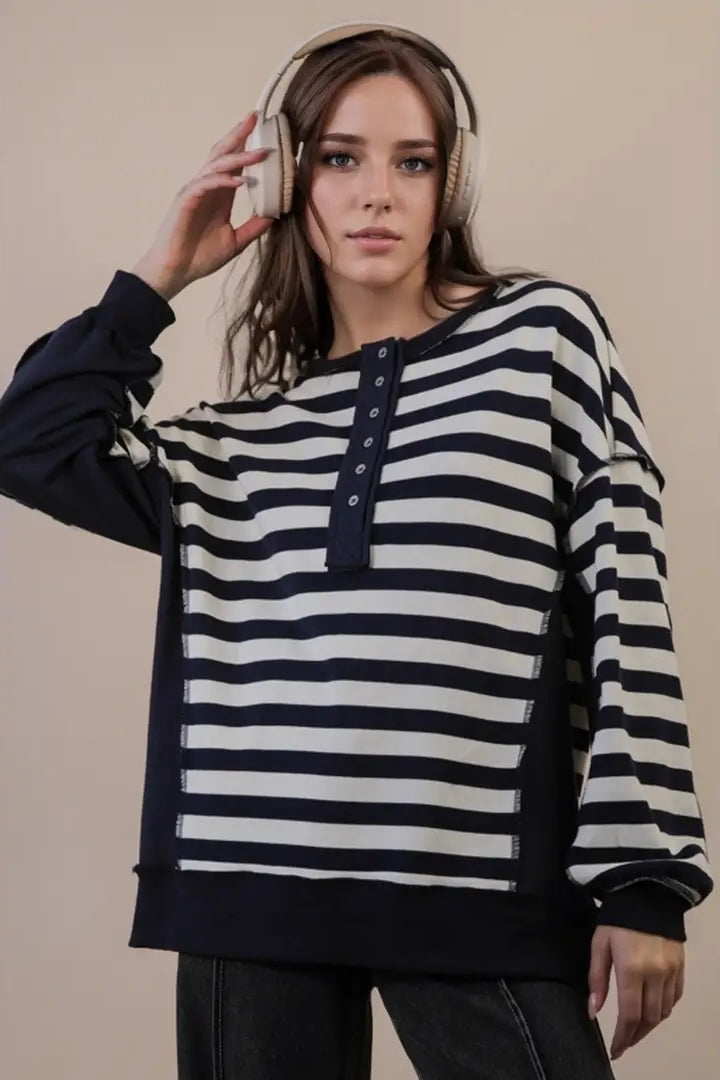 Oversized Striped Half Button Down Casual Knit Top image 1