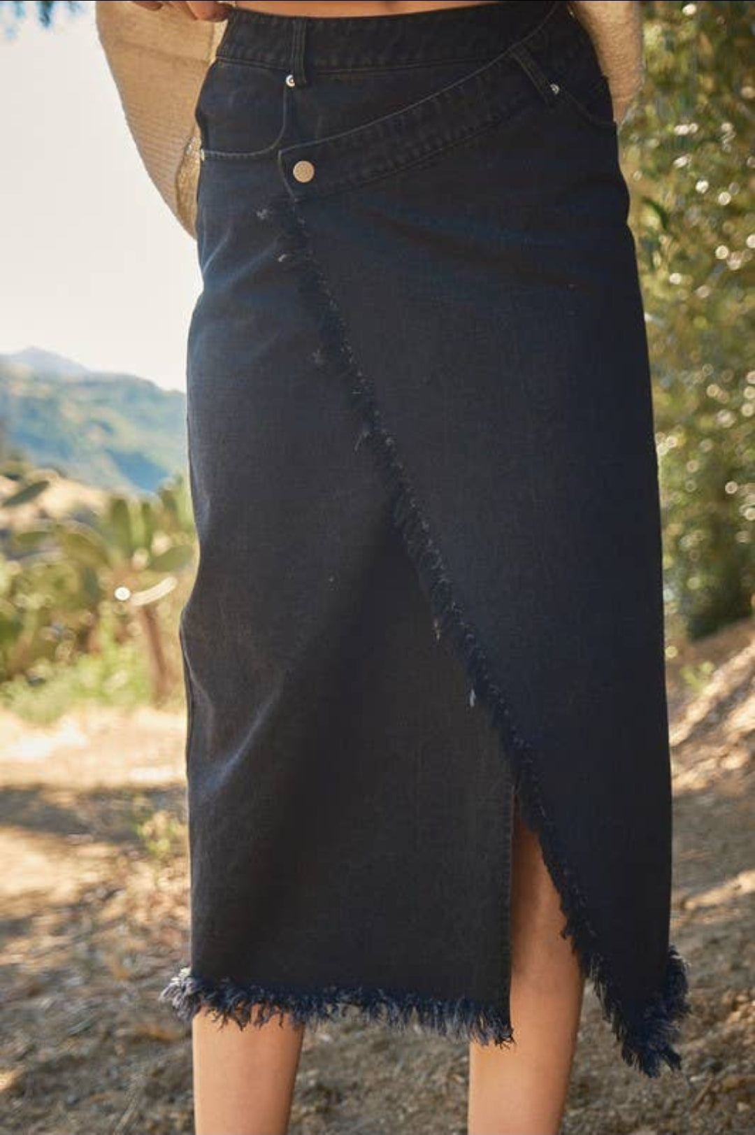 washed crossover waist midi denim skirt image 3