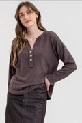 Half Button V Neck Long Sleeve Knit Top image 0