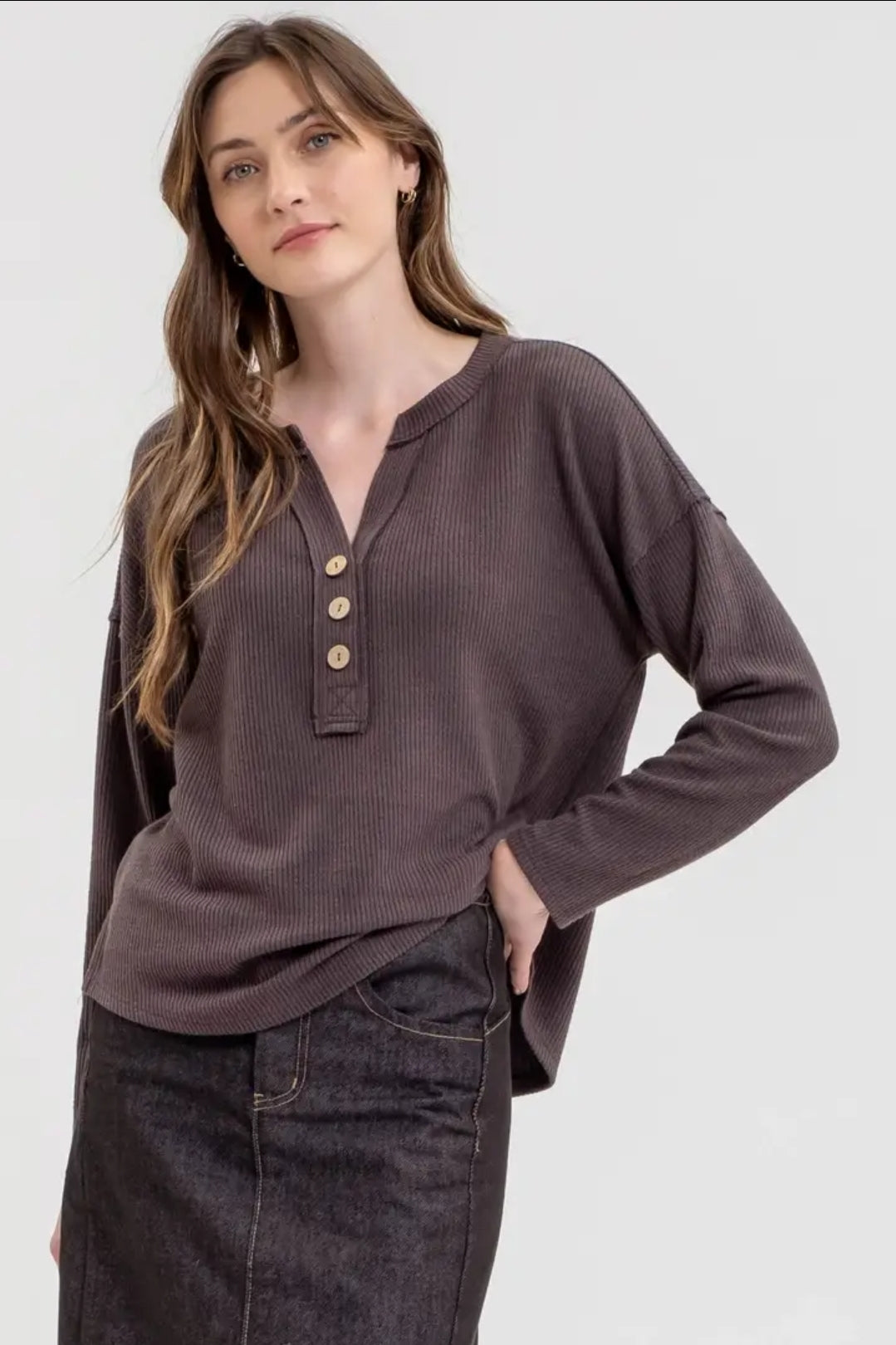 Half Button V Neck Long Sleeve Knit Top image 0
