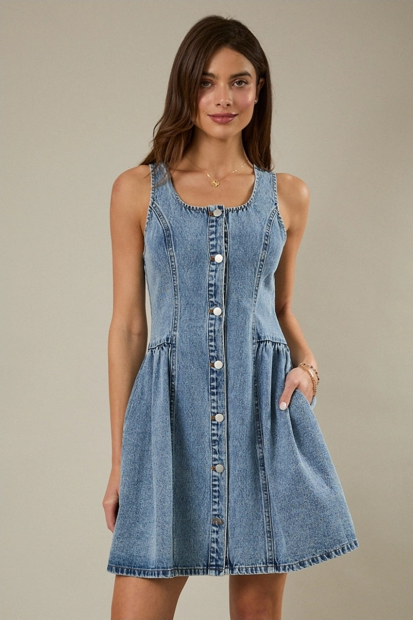 Square Neck Sleeveless Button Down Fit & Flare Mini Dress image 1