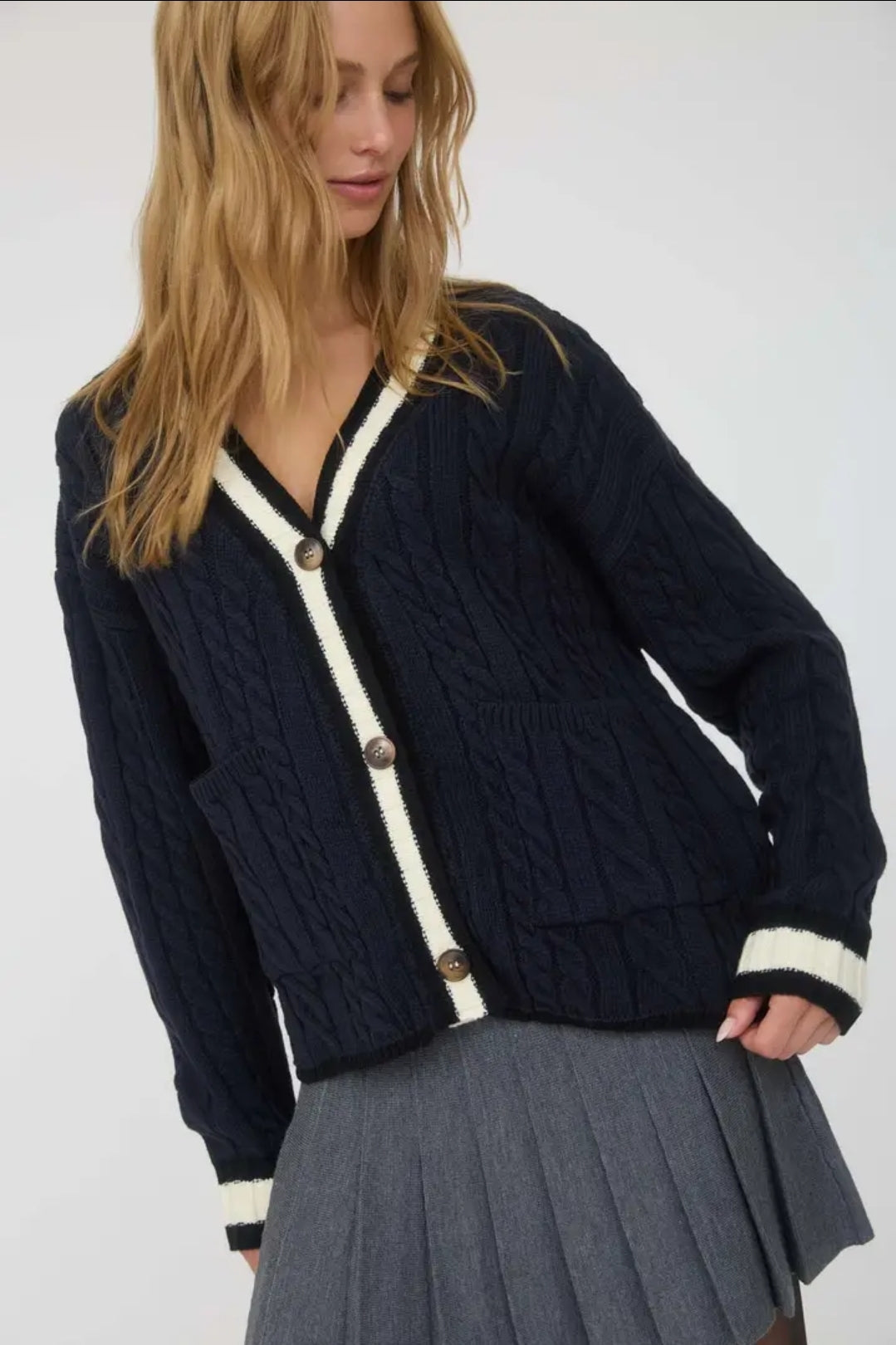 Contrast Stripe Trim Cable Knit Boyfriend Cardigan image 0