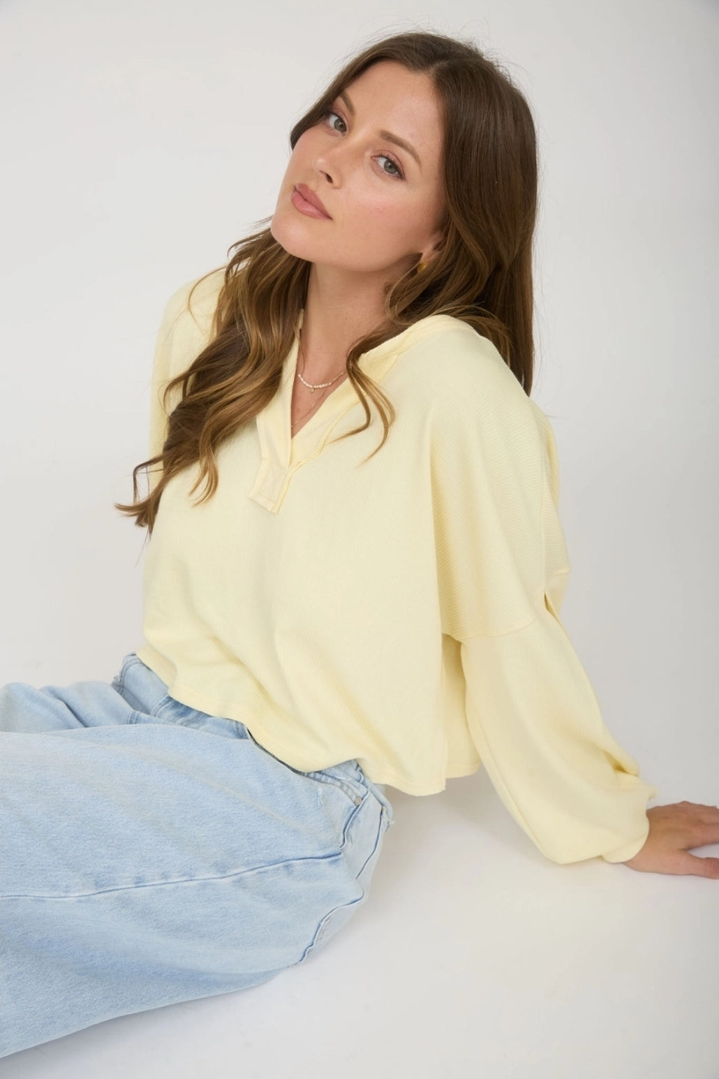 Split Neck Long Sleeve Cropped Knit Top image 0