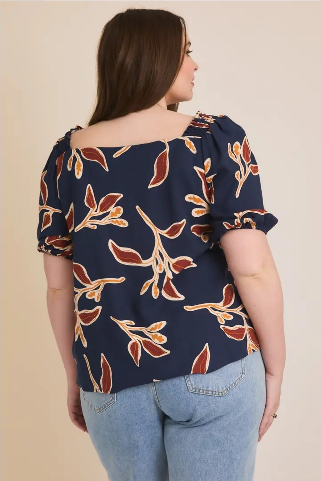 Square Neck Smocked 3/4" Sleeve Floral Print Top image 4