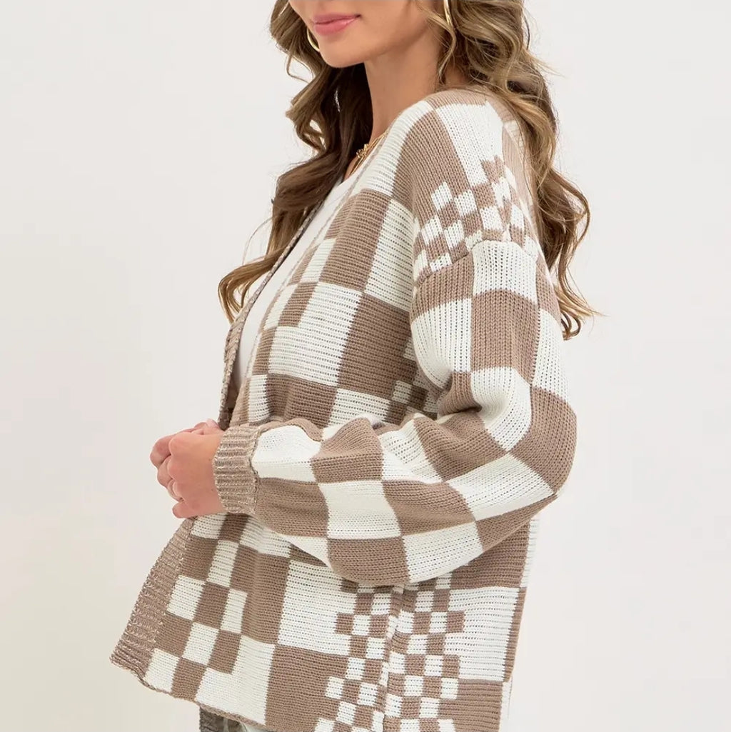 Mixed Checkered Knit Open Front Cardigan image 3