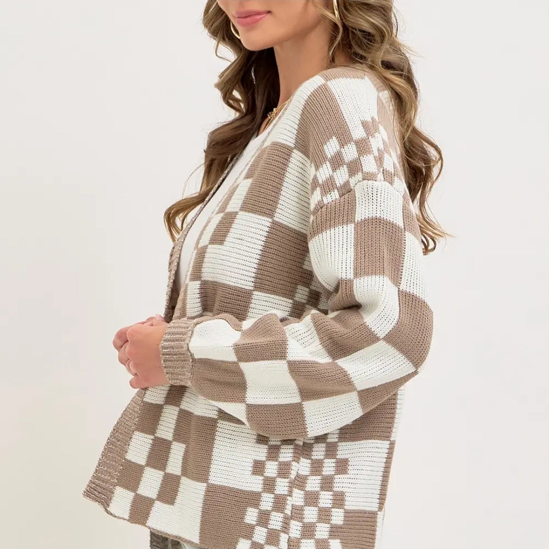 Mixed Checkered Knit Open Front Cardigan image 3