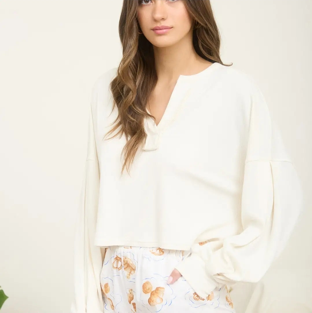 Split Neck Long Sleeve Cropped Knit Top image 5