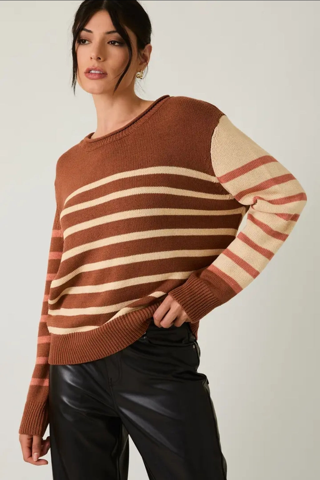 Round Neck Long Sleeve Stripe Light Weight Sweater image 5