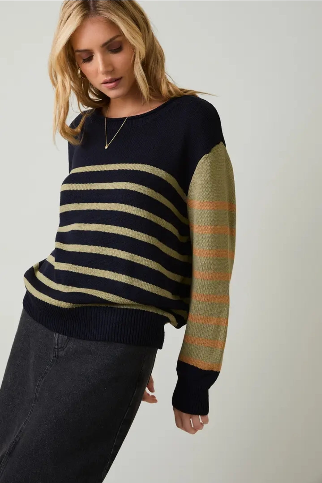 Round Neck Long Sleeve Stripe Light Weight Sweater image 1