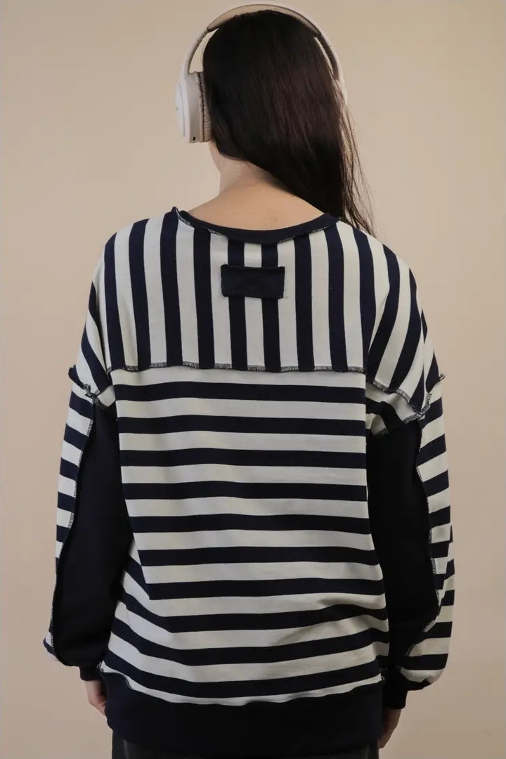 Oversized Striped Half Button Down Casual Knit Top image 3