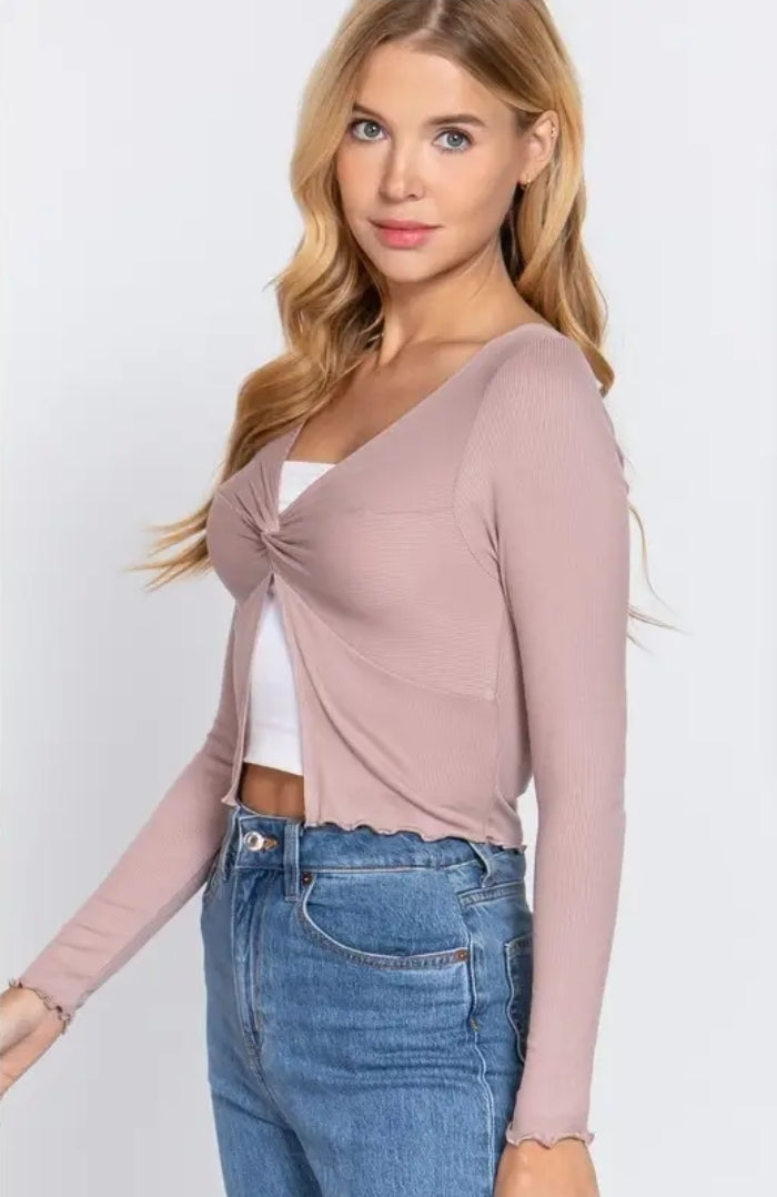 Long Sleeve V-Neck Front Twisted Knit Top image 4