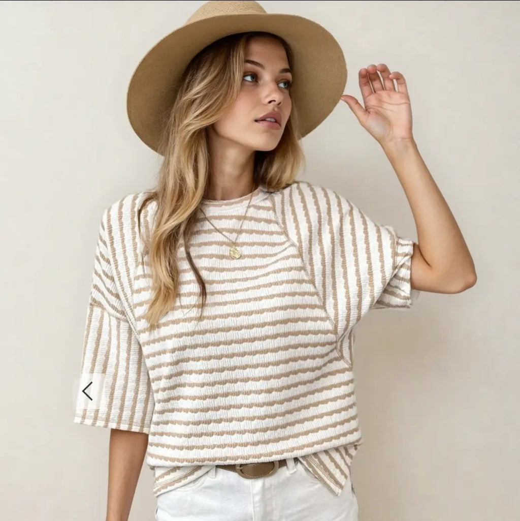 Noelle Textured Knit Split Hem Half Sleeve Top - Apricot image 0