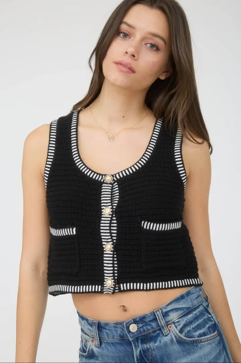 Stripe Trim Gold Button Cropped Sweater Vest image 1