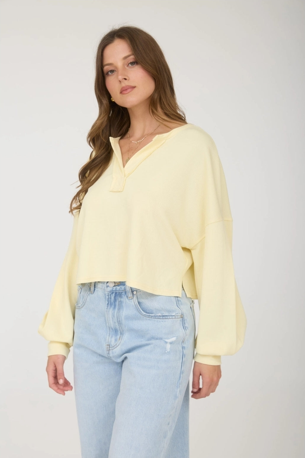 Split Neck Long Sleeve Cropped Knit Top image 1