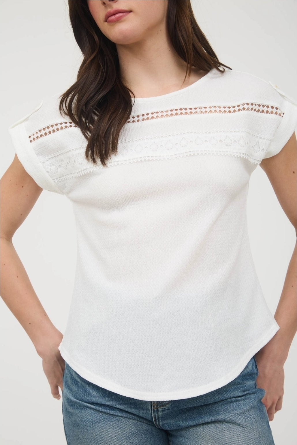 Short Tab Sleeve Lace Trim Crinkle Knit Blouse image 0