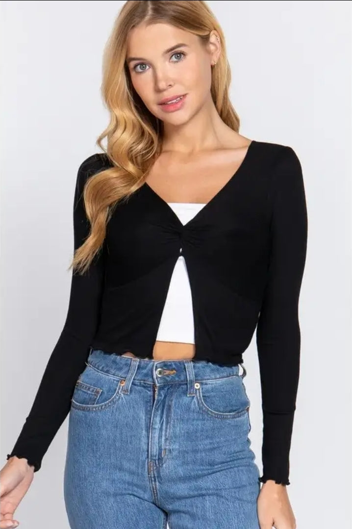 Long Sleeve V-Neck Front Twisted Knit Top image 0