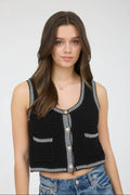 Stripe Trim Gold Button Cropped Sweater Vest image 0