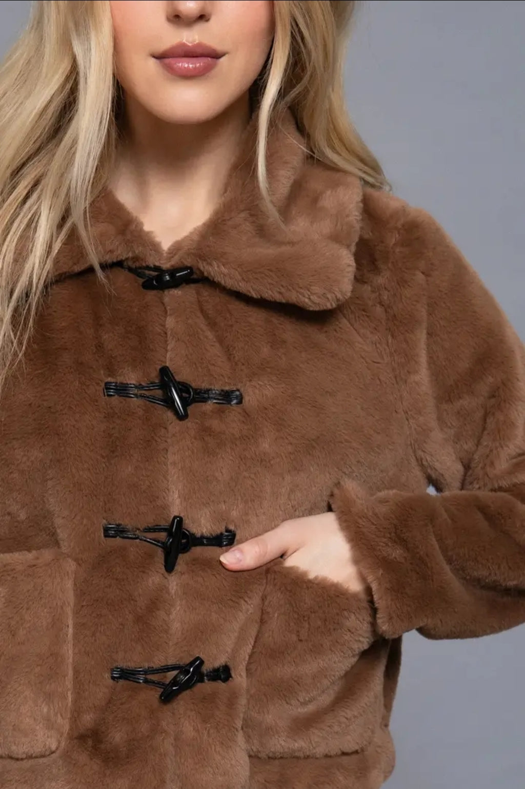 Long Sleeve Collar with Toggle Button Fur Duffle Jacket image 8
